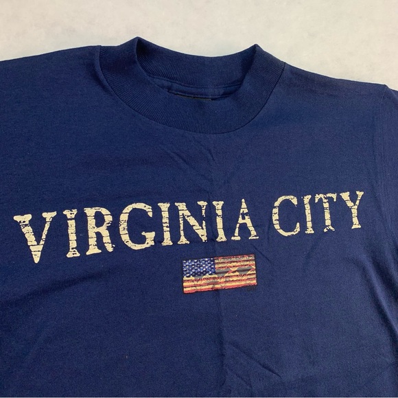 Vintage Virginia City (Nevada) T Shirt Solid Navy Blue With Logo, US Flag, Small - Picture 3 of 11